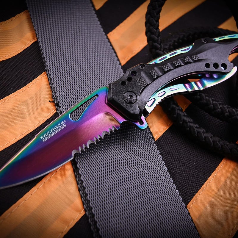 Tac-Force Folding Pocket Knife, 3.25-inch Serrated Rainbow Blade, Black Aluminum Handle, 7.75-inch Overall Length TF-705RB - Image 5